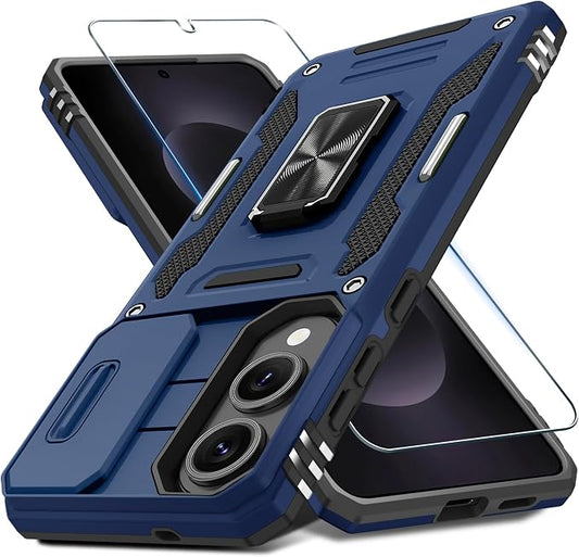 DEERLAMN Case for Samsung Galaxy S25 Edge with Slide Camera Cover+Screen Protector (1 Pack), Rotated Ring Kickstand Military Grade Shockproof Protective Cover-Navy Blue