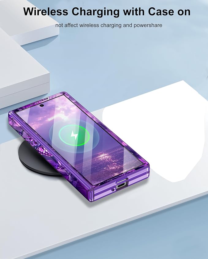 Btscase for Samsung Galaxy Z Fold 6 Case,Built in Front Screen Protector,Gold Glitter Marble Pattern Hard PC Slim Shockproof Full Body Drop Protective Case for Galaxy Z Fold 6 5G, Purple Butterfly