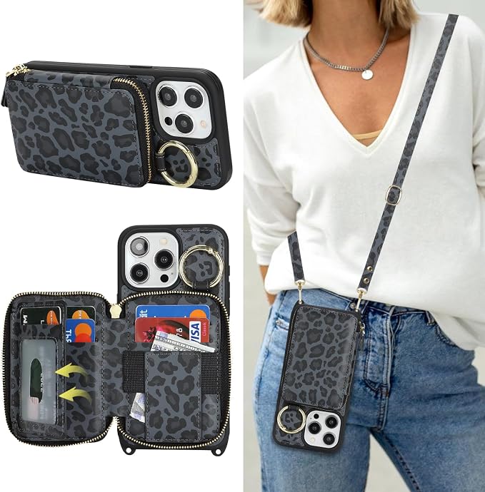 Crossbody Wallet Case for iPhone 14 Pro Max, PU Leather Zipper Handbag Purse Flip Cover, Kickstand Folio Case with Card Slots Holder Wrist Strap Lanyard 5G 6.7 Inch-Black Leopard