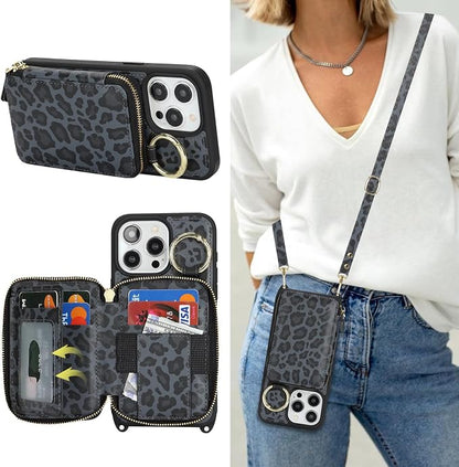 Crossbody Wallet Case for iPhone 14 Pro Max, PU Leather Zipper Handbag Purse Flip Cover, Kickstand Folio Case with Card Slots Holder Wrist Strap Lanyard 5G 6.7 Inch-Black Leopard