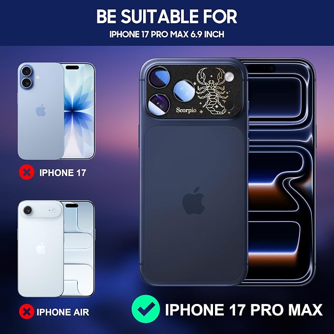 2 Pack Camera Lens Protector for iPhone 17 Pro Max,Scorpio Pattern, AR 360-Degree Protection,Drop Protection,Anti Scratch Full-Coverage,Camera Transmfttance HD,Easy Installation, Black
