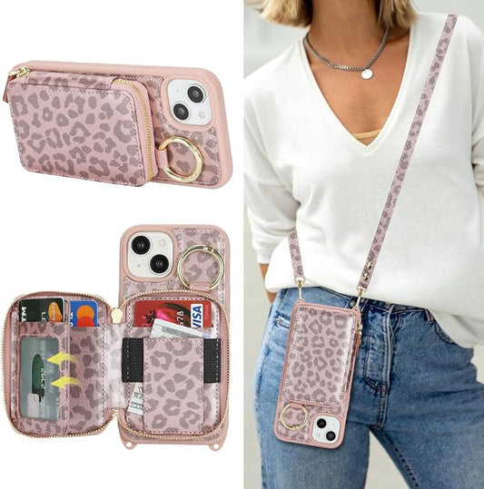 Crossbody Wallet Case for iPhone 14, PU Leather Zipper Handbag Purse Flip Cover, Kickstand Folio Case with Card Slots Holder Wrist Strap Lanyard 5G 6.1 Inch-Pink Leopard