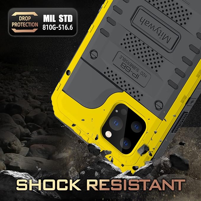 Mitywah Waterproof Case for iPhone 12 Pro, Heavy Duty Shockproof Case with Built-in Screen Protector, Full Body Underwater Protective Metal Case 6.1 inch, Yellow