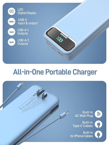 Nusyddy Portable Charger 20000mAh 22.5W w/Built-in Cables & Wall Plug Blue | 22.5W Fast Charging, High Capacity, LED Display, Charge 5 Devices at once, TSA Approved, Compatible with iPhone/iPad/Samsung
