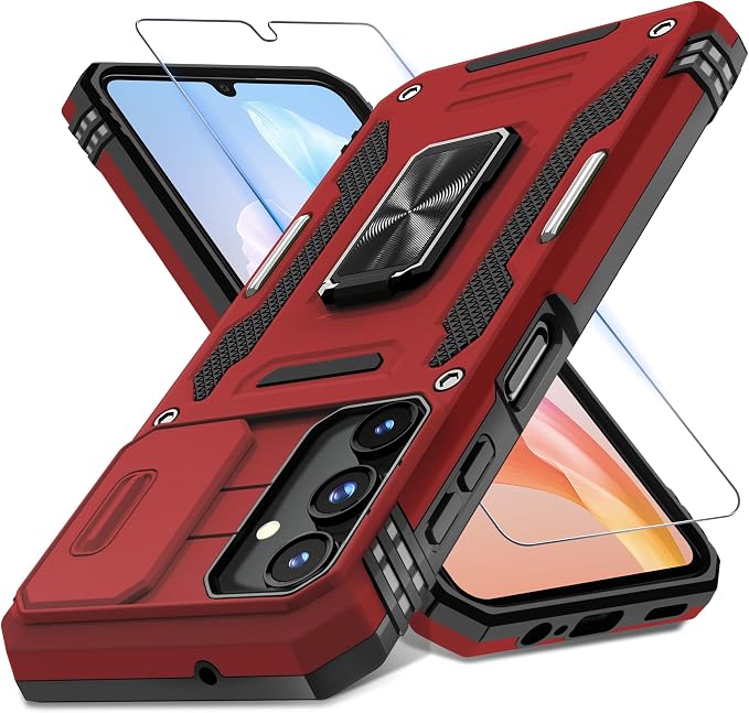 DEERLAMN Case for Samsung Galaxy A15 5G with Slide Camera Cover+Screen Protector (1 Pack), Rotated Ring Kickstand Military Grade Shockproof Protective Cover-Red
