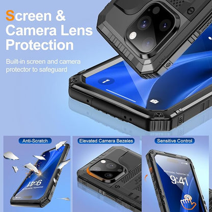 Mitywah Waterproof Case for iPhone 15 Pro, Heavy Duty Shockproof Case with Built-in Screen Protector, Full Body Underwater Protective Metal Case 6.1 inch, Black