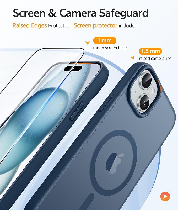 FNTCASE for iPhone 15 Case: for iPhone 14 & iPhone 13 Case [with Screen Protector] Magnetic Translucent Matte | Military Grade Drop Protection | Shockproof Phone Cover Protective Cases - Blue