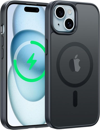 FNTCASE for iPhone 15 Case: for iPhone 14 & iPhone 13 Case | Magnetic Frosted Translucent Slim Shockproof Cell Phone Cover | Military Grade Protection Drop Proof Tough Protective Cases - Black