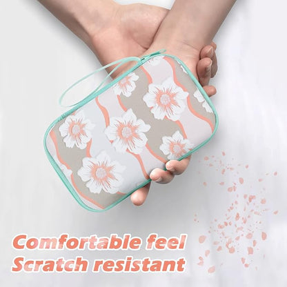 Cute Floral Phone Charger Storage Case Cover Set White Camellia Flowers Design Travel Carrying Bag with Cable Protector Cord Organizer, Lightning Cable Chomper,Charger Saver Compatible for iPhone