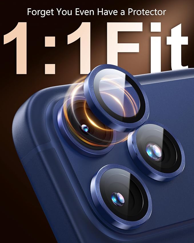 EZ-GLAZ-Camera Lens Protector for iPhone 17/16/15/14 Pro & Pro Max Series, with Aerospace-Grade Aluminum Alloy Ring, 1:1 Invisible Fit & Ultra-Clear, Military-Grade 9H+ Glass, Deep Blue