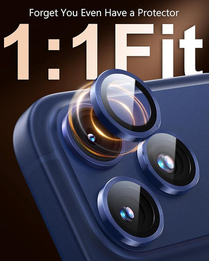 EZ-GLAZ-Camera Lens Protector for iPhone 17/16/15/14 Pro & Pro Max Series, with Aerospace-Grade Aluminum Alloy Ring, 1:1 Invisible Fit & Ultra-Clear, Military-Grade 9H+ Glass, Deep Blue