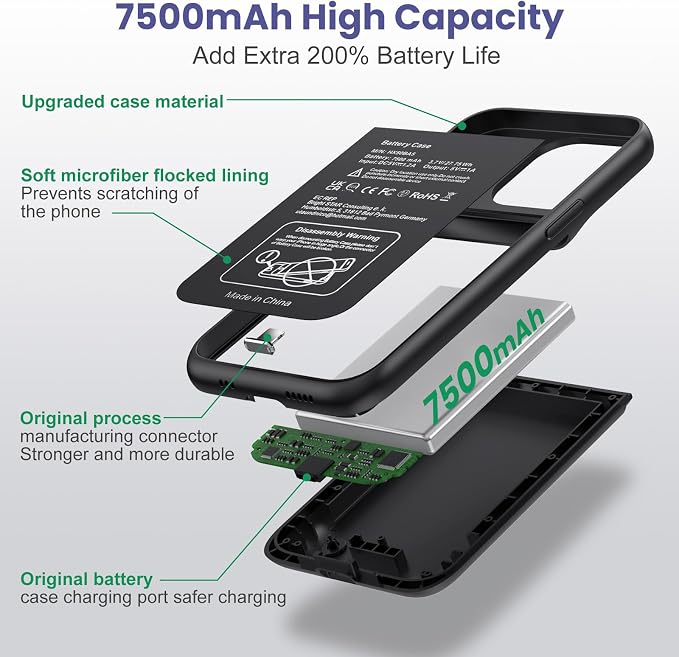 Ekrist Battery Case for iPhone 13/ 13Pro/14,Powerful 7500mAh Battery Charger Case Portable Rechargeable Protective Extended Additional Charger Case for iPhone 13/13 Pro/14, Black