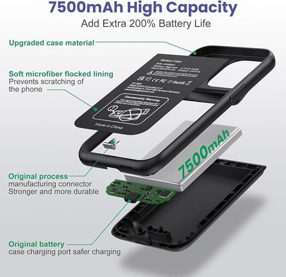 Pxwaxpy Battery Case for iPhone 14/13/13 Pro (6.1 Inch), [2024 Upgraded] Ultra-Slim 7500mAh Portable Extended Charger Case Cover for iPhone 14, iPhone 13, iPhone 13Pro Charging Case (Black)