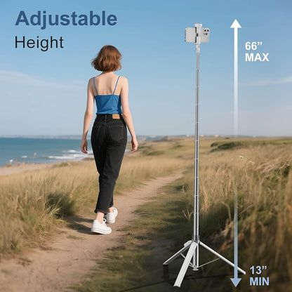 66" Automatic Phone Tripod Stand with Remote, Cell Phone Tripod for iPhone Video Recording & Live Streaming, Adjustable Selfie Stick Tripod for Content Creators, Vloggers,White