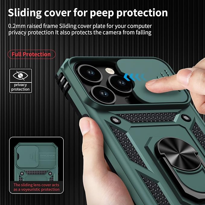 Vinve for iPhone 14 Pro Max Case with Slide Lens Cover HD Screen Protector, Military Grade Drop Protection, Magnetic Rotated Ring Holder Kickstand Protective Phone Case (Pine Green)
