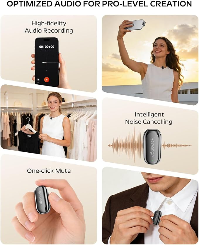 PQRQP Wireless Lavalier Microphone for iPhone/iPad/Android, 164ft Transmission, Mini Microphone with AI Noise Cancellation & Hi-Fi Sound, 24H Charging Case, Mic Ideal for YouTube, Video Recording