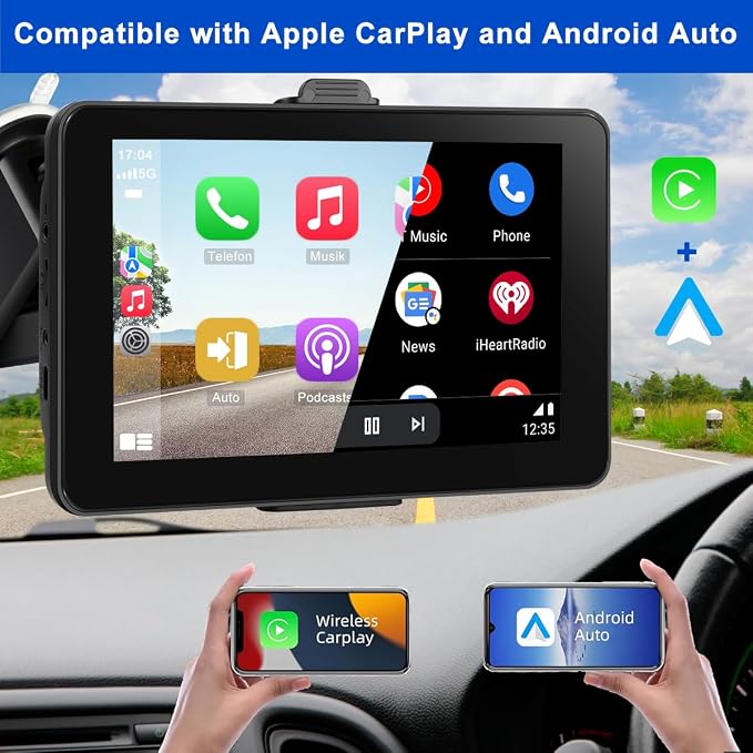 7" Wireless Apple CarPlay & Android Auto Car Screen, HD Portable/Double Din Car Stereo with GPS Navigation, Backup Camera, Voice Control, Bluetooth, FM Radio for All Cars