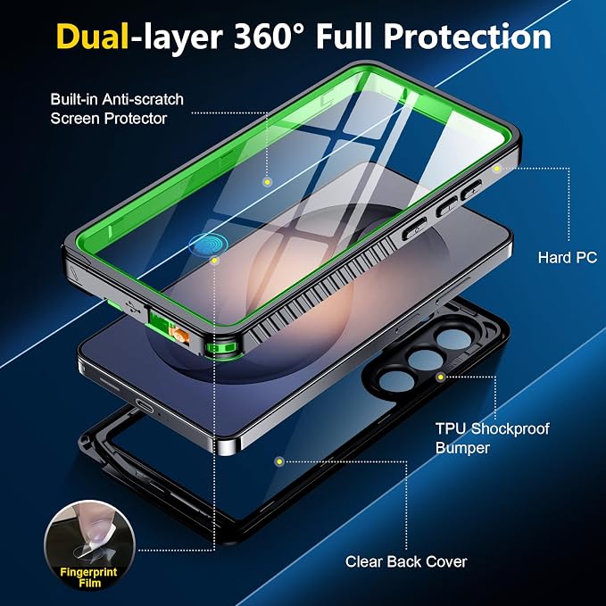 SPIDERCASE Designed for Samsung Galaxy S26 Ultra Case Waterproof,Built-in Screen & Camera Lens Protector[IP68 Underwater] [Military Grade Shockproof] Full Body Protection Phone Case,Green/Clear
