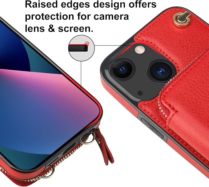 Bocasal Crossbody Wallet Case for iPhone 14 iPhone 13, RFID Blocking Leather Purse Case with Card Holder, Protective Handbag Flip Cover with Zipper Wrist Strap Lanyard for Women 5G 6.1 Inch (Red)
