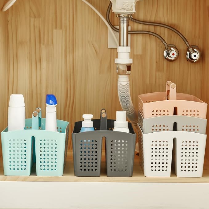 Portable Shower Caddy Basket with Compartments, Plastic Divided Cleaning Caddy Organizer Storage Tote with Handle for Bathroom, College, Dorm Room Essentials, Light Gray