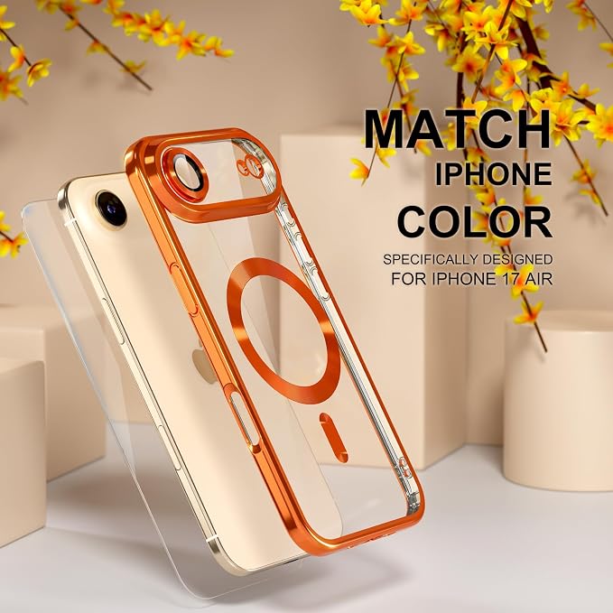 Misea Magnetic for iPhone 17 Air Case Compatible with MagSafe [Never Yellowing] [Military Grade Drop Protection] Full Camera Lens Protector Plating Soft Clear Phone Case for Women, Cosmic Orange