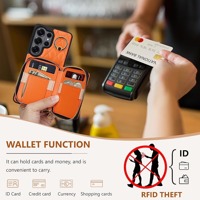 Keallce Case for Samsung Galaxy S26 Ultra 6.9'' Wallet Case,Crossbody Zipper Purse Wrist Strap Lanyard Handbag,RFID Blocking Card Slots,Flip Leather Cover for Samsung S26 Ultra,Orange