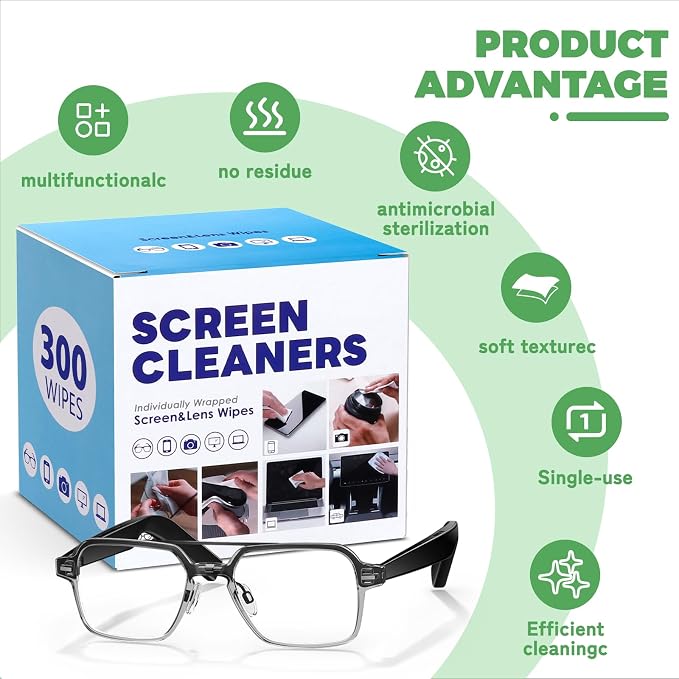 300 Pcs Cleaning Wipes for Glasses,Pre-Moistened Lens Cleaning Wipes, Computer & Laptops Screens, Smart Phones, Optical Lens, Goggles, and Watch Screen l Quick-Dry and Scratch-Free (300)