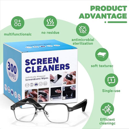 300 Pcs Cleaning Wipes for Glasses,Pre-Moistened Lens Cleaning Wipes, Computer & Laptops Screens, Smart Phones, Optical Lens, Goggles, and Watch Screen l Quick-Dry and Scratch-Free (300)