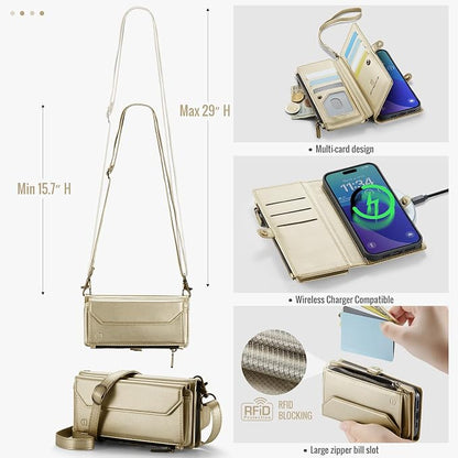 Strapurs Wallet Case Compatible with iPhone 16 Pro 6.3" RFID Blocking 10-Card Holder Soft PU Leather Magnetic Snap Shoulder Strap Zipper Pocket Phone Case Fit for iPhone 16 Pro for Women - Gold