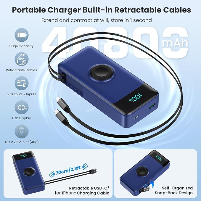5-in-1 Portable Charger for iPhone,40800mAh Power Bank Built-in Retractable Cable and iWatch Charger,25W PD QC4.0 Fast Charging Battery Pack,Travel Essential Charger for iPhone 17/Air/16,Android,Blue