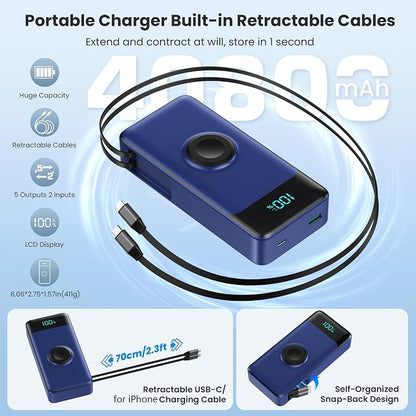 5-in-1 Portable Charger for iPhone,40800mAh Power Bank Built-in Retractable Cable and iWatch Charger,25W PD QC4.0 Fast Charging Battery Pack,Travel Essential Charger for iPhone 17/Air/16,Android,Blue