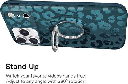 VELVET CAVIAR Compatible with MagSafe Phone Grip 2.0 | Cute Magnetic Ring Holder | Finger Loop Kickstand | Pop On Accessory for iPhone 17, 16, 15, 14, 13, 12 | Metallic Navy Leopard