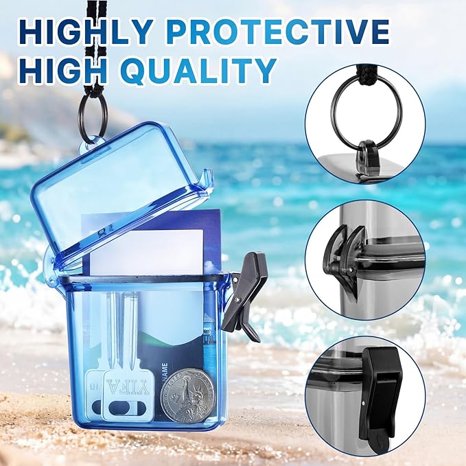 Outus 3 Pcs Waterproof ID Badge Holder Case with Waterproof Buckle Floating Sports Case Locker with Adjustable Hanging Rope Plastic Card Dry Box(Clear, Gray, Blue,4.72 x 2.95 x 1.57 in,Classic)