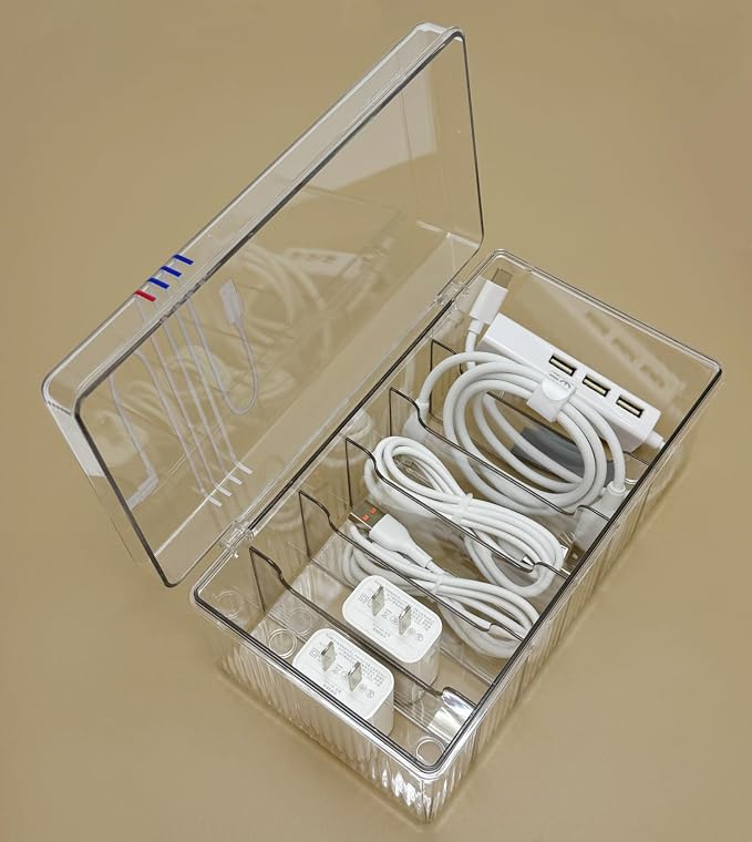AgentMoon Clear Acrylic Cable Organizer Box with Lid, 6 Storage Slots,Color Lable Desktop Accessories Storage Box with 60 inches Cuttable Magic Lashing Straps (1PCS)