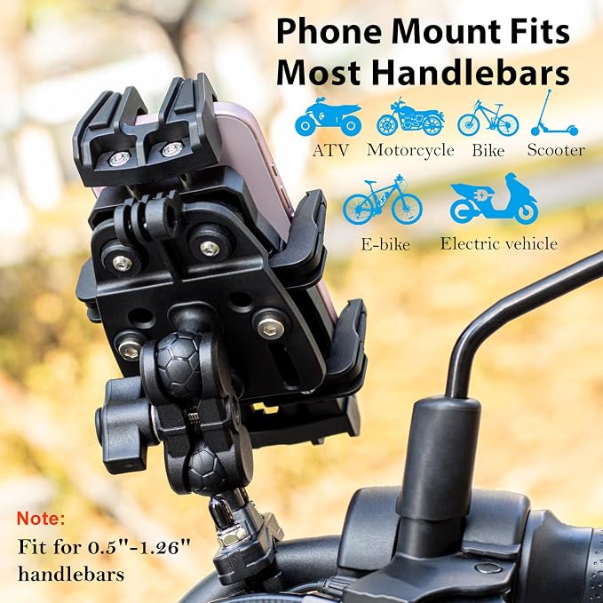 EMERK Motorcycle Phone Mount - Anti-Shake Phone Holder with Vibration Dampener Fits 4.7''-7.2'' Smartphones, Adjustable Heavy-Duty Handlebar Mount for Bike Bicycle Scooter ATV (0.5''-1.3'' Handlebars)