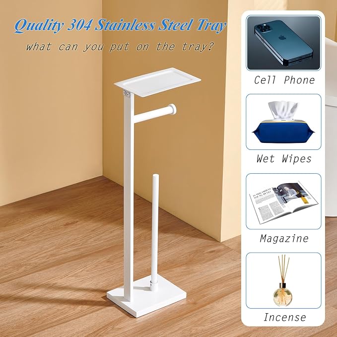 Freestanding Toilet Paper Holder for Bathroom–Stainless Steel Square Tissue Dispenser with Storage Tray & Roll Organizer (White)