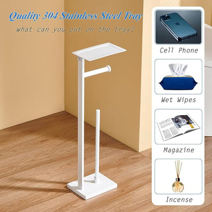 Freestanding Toilet Paper Holder for Bathroom–Stainless Steel Square Tissue Dispenser with Storage Tray & Roll Organizer (White)