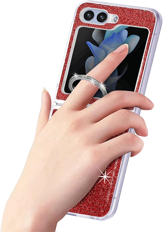 Bling Glitter Case for Samsung Galaxy Z Flip 6 with Ring Holder,Women Girls Cute Phone Case Non Slip Ultra Slim TPU Bumper Shockproof Protective Case for Galaxy Z Flip 6 5G 2024,Red