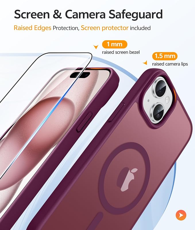 FNTCASE for iPhone 15/14/13 Case, Fit for Magsafe, Glass Screen Protector | Translucent Matte, Magnetic Phone Cases, 14FT Military Grade Drop Protection, Slim Shockproof Protective Cover, Wine Red