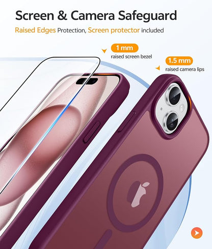 FNTCASE for iPhone 15/14/13 Case, Fit for Magsafe, Glass Screen Protector | Translucent Matte, Magnetic Phone Cases, 14FT Military Grade Drop Protection, Slim Shockproof Protective Cover, Wine Red