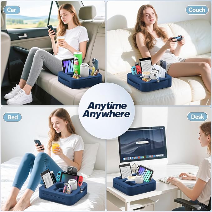 Couch Cup Holder Pillow, Sofa and Bed Caddy for iPad, Kindle, Switch, Game Controller, Remotes, Phones, Small-Sized Cup and Drink Holder for Couch, Bed, Desk, Car, Beach, Bathroom Cup Holder, Blue