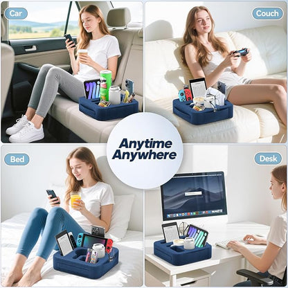 Couch Cup Holder Pillow, Sofa and Bed Caddy for iPad, Kindle, Switch, Game Controller, Remotes, Phones, Small-Sized Cup and Drink Holder for Couch, Bed, Desk, Car, Beach, Bathroom Cup Holder, Blue