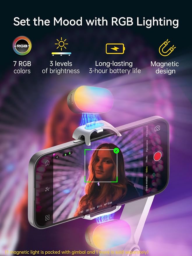 AOCHUAN Gimbal Stabilizer for iPhone w/RGB Magnetic Fill Light, Foldable Gimbal w/7.8' Extension Rod & OLED Display for Vlogging & Filmmaking, Compatible with iPhone 16/15 Pro Max-Smart X2 Kit White