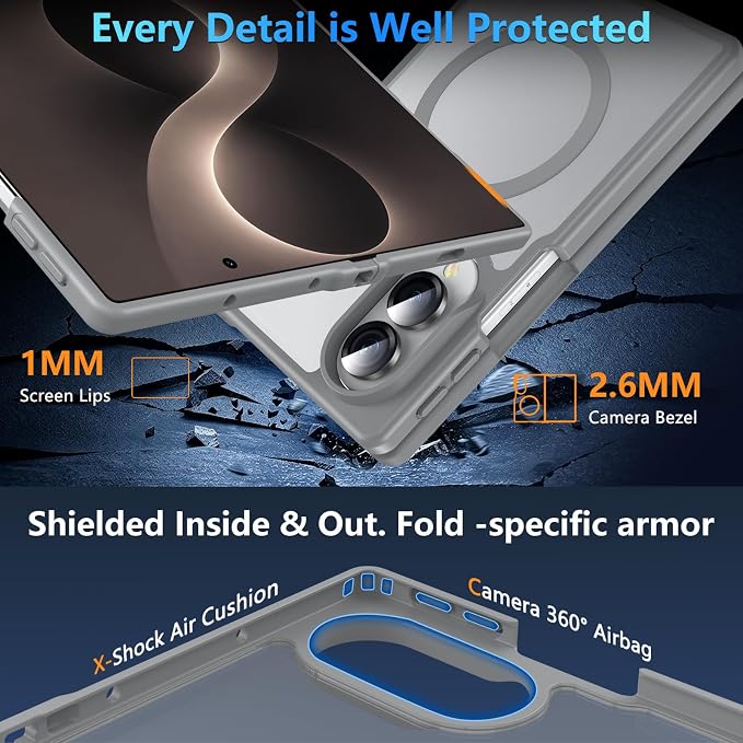 Hensinple Magnetic for Z Fold 8 Case, Samsung Galaxy Z Fold 8 Case[Fit for Mag-Safe ] Translucent Matte Military Grade Rugged Protection Shockproof Protective Hard Phone Cases,Grey