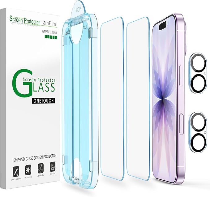amFilm OneTouch Screen Protector for iPhone 17 6.3'' 2025 + Camera Lens Protector | Auto-Alignment install | Bubble Free | 9H+ Military-Grade Tempered Glass | FHD Clarity | Case Friendly | 2+2 Pack