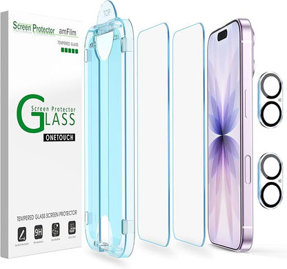 amFilm OneTouch Screen Protector for iPhone 17 6.3'' 2025 + Camera Lens Protector | Auto-Alignment install | Bubble Free | 9H+ Military-Grade Tempered Glass | FHD Clarity | Case Friendly | 2+2 Pack