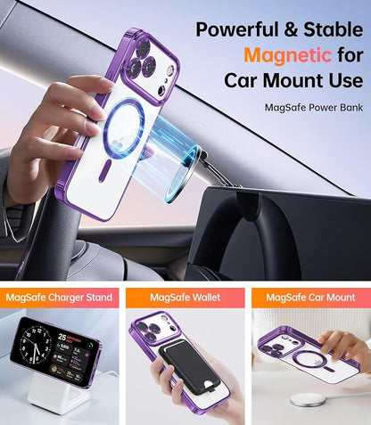 Meifigno Designed for iPhone 17 Pro Magnetic Case with Removable Phone Ring Stand, [Glitter Card & Wrist Strap] [MagSafe Compatible] [Built-in Mirror] Phone Ring Stand + Phone Case Kit, Purple
