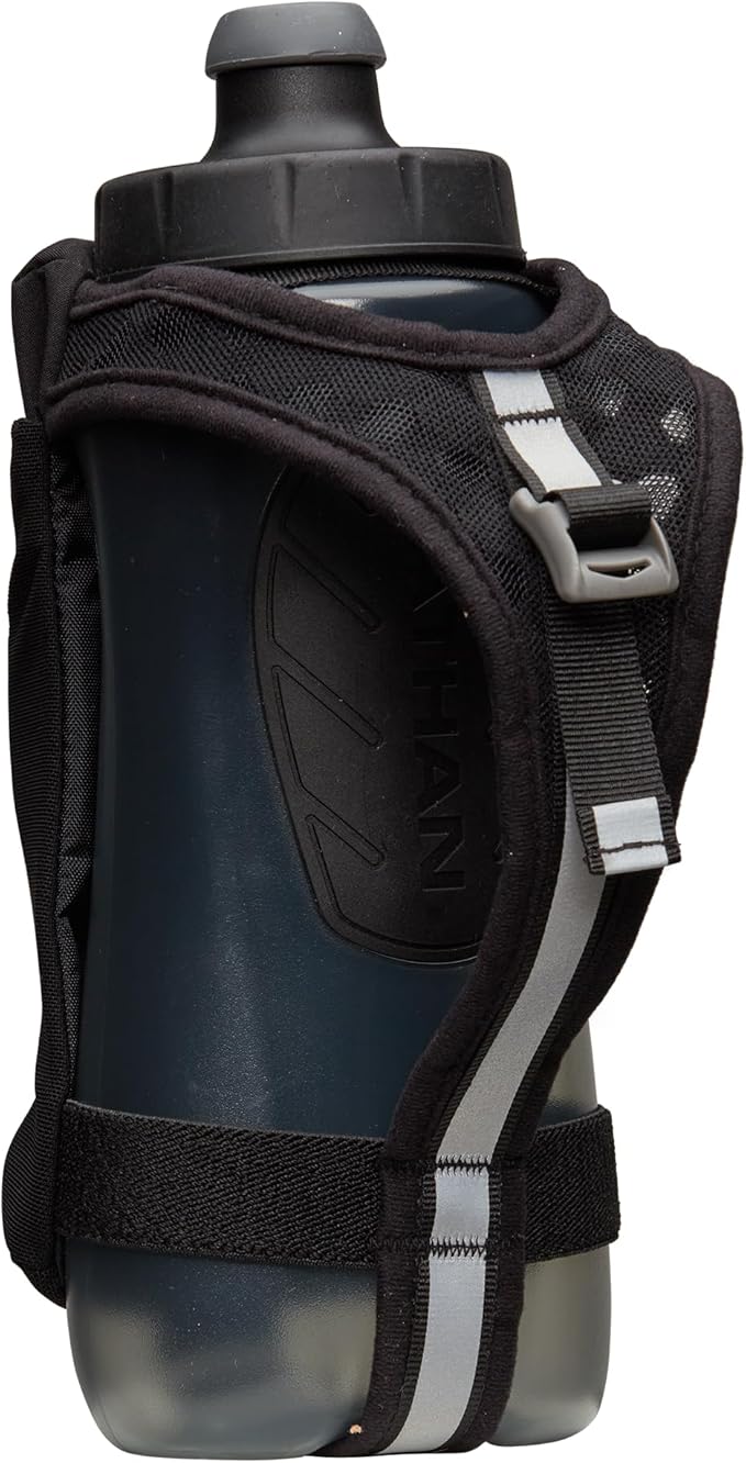 Nathan SpeedDraw 2 Insulated Handheld Running Water Bottle Flask – Double-Wall Insulation, Ergonomic Grip, Blast Valve Cap, Phone & Key Storage Pockets, Reflective Design, 22oz - Black