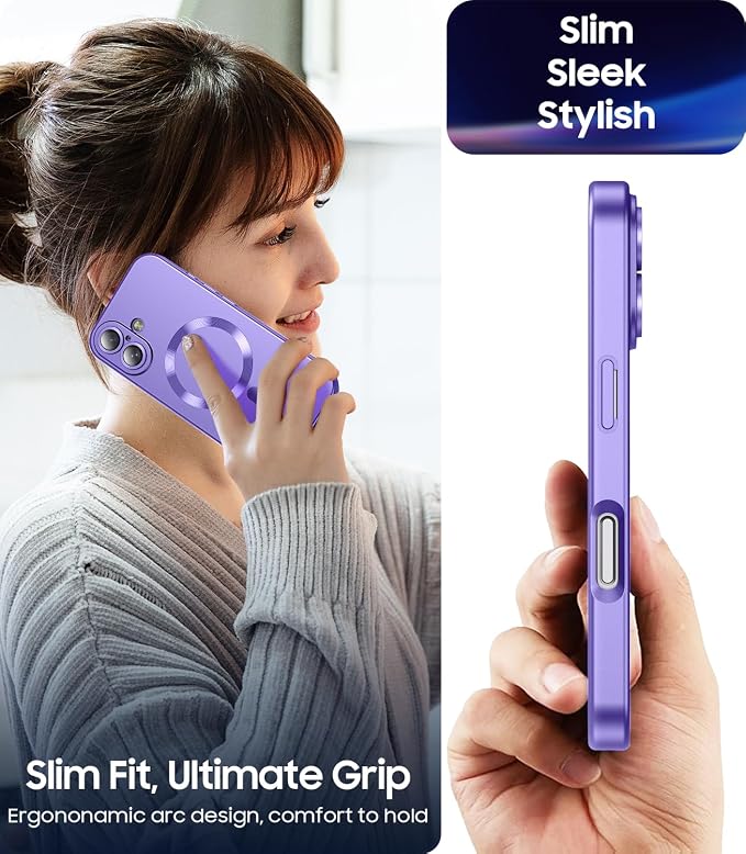 Magnetic for iPhone 17 Case [Compatible with MagSafe][Built-in Camera Lens Protector] Slim Thin Soft Silicone Bumper Shockproof Metallic Luster Phone Case (Purple)