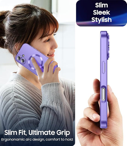 Magnetic for iPhone 17 Case [Compatible with MagSafe][Built-in Camera Lens Protector] Slim Thin Soft Silicone Bumper Shockproof Metallic Luster Phone Case (Purple)